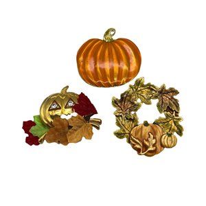 Autumn Halloween pumpkin brooch lot lapel pin enamel orange lot of three